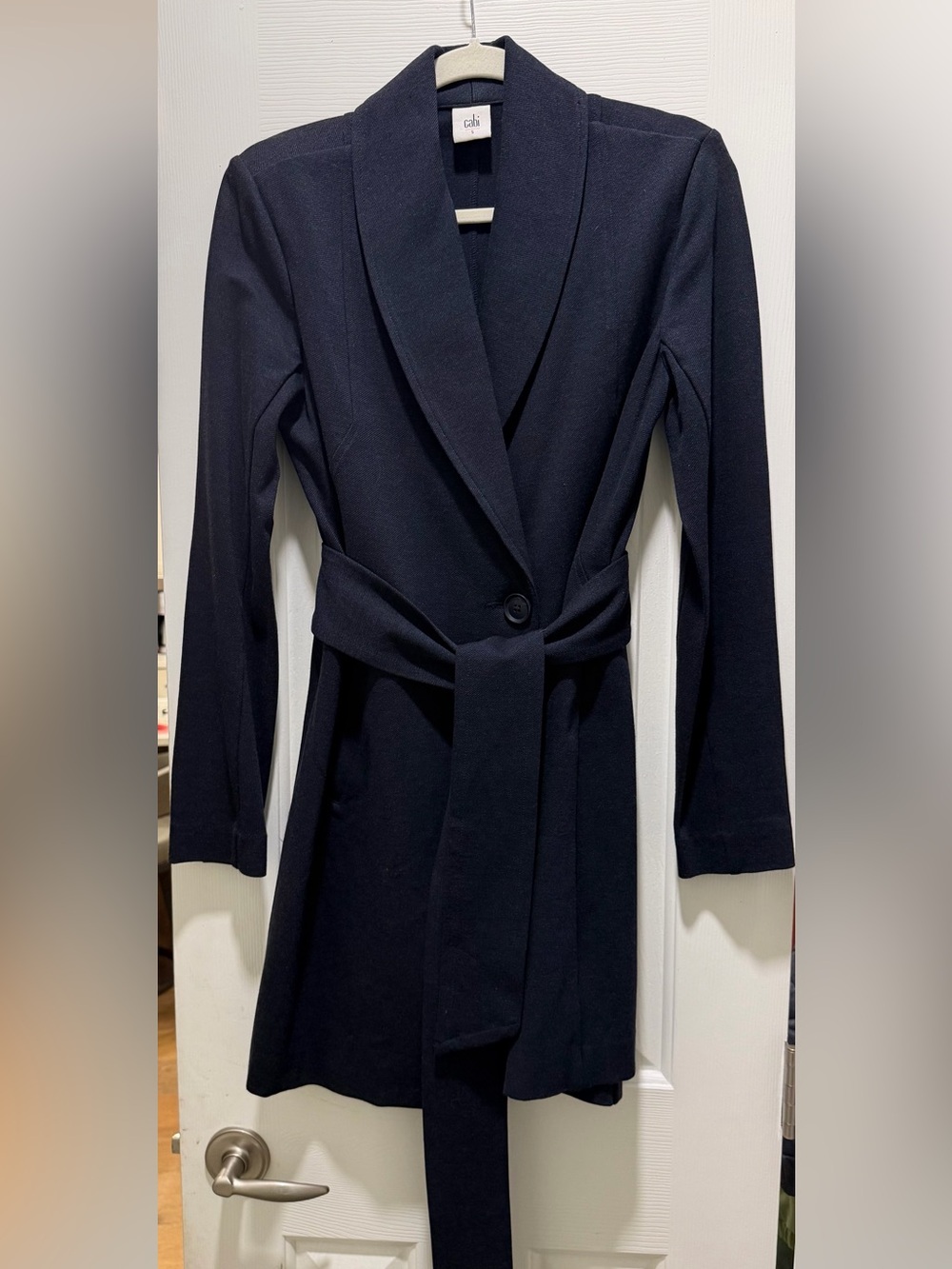 CAbi Navy Harbor Shawl-Collar Belted Jacket Small